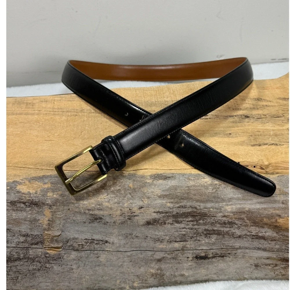 Trafalgar Cortina Mens 38 Black LeatherY2K Dress Belt Brass Buckle USA Old Money